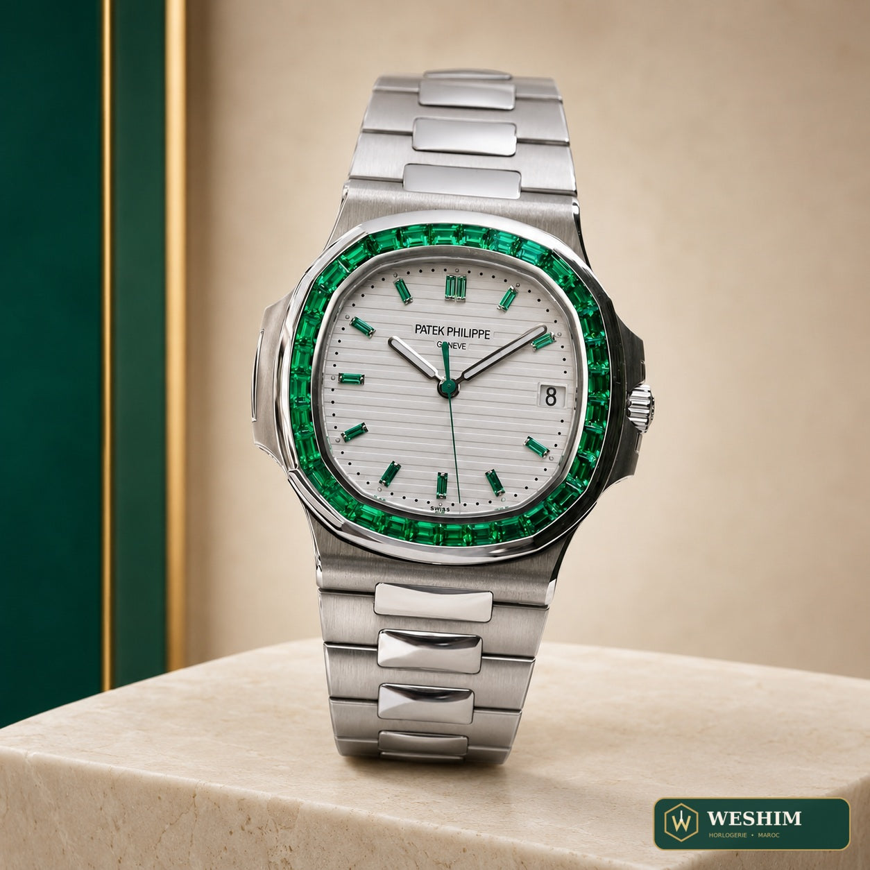 Patek Philippe Nautilus Émeraude – Cadran blanc (configuration custom)