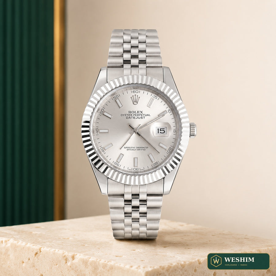 Rolex Datejust 41 – Cadran argent, lunette cannelée, bracelet Jubilee