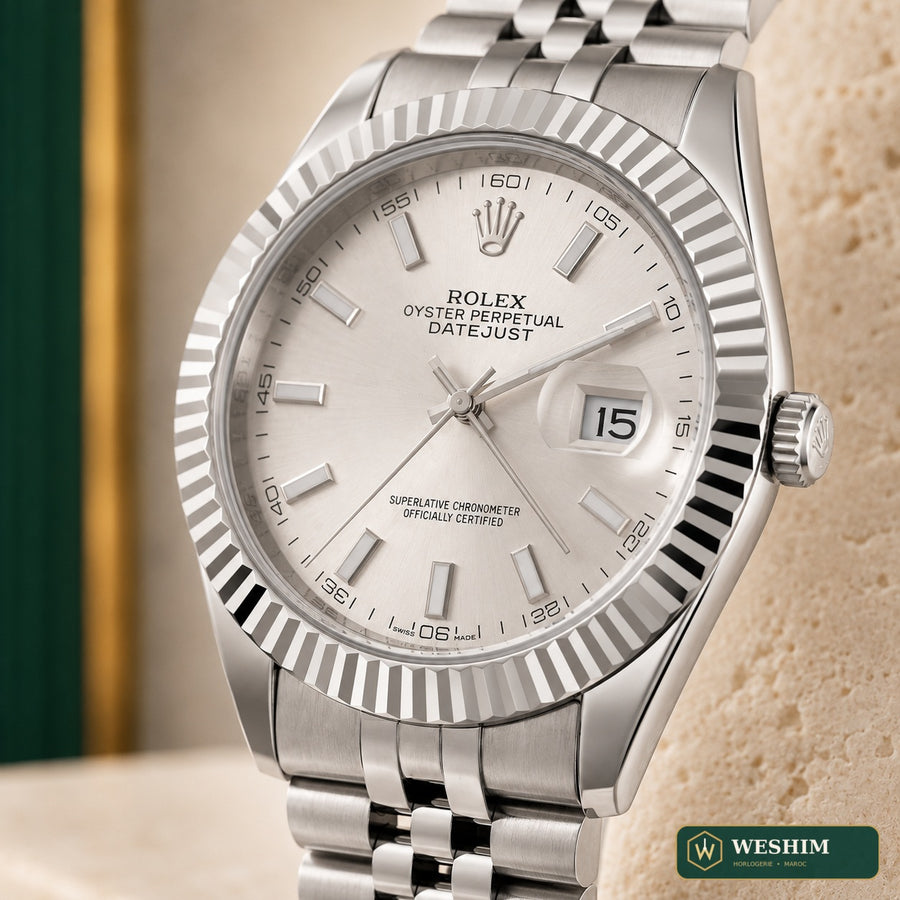Rolex Datejust 41 – Cadran argent, lunette cannelée, bracelet Jubilee