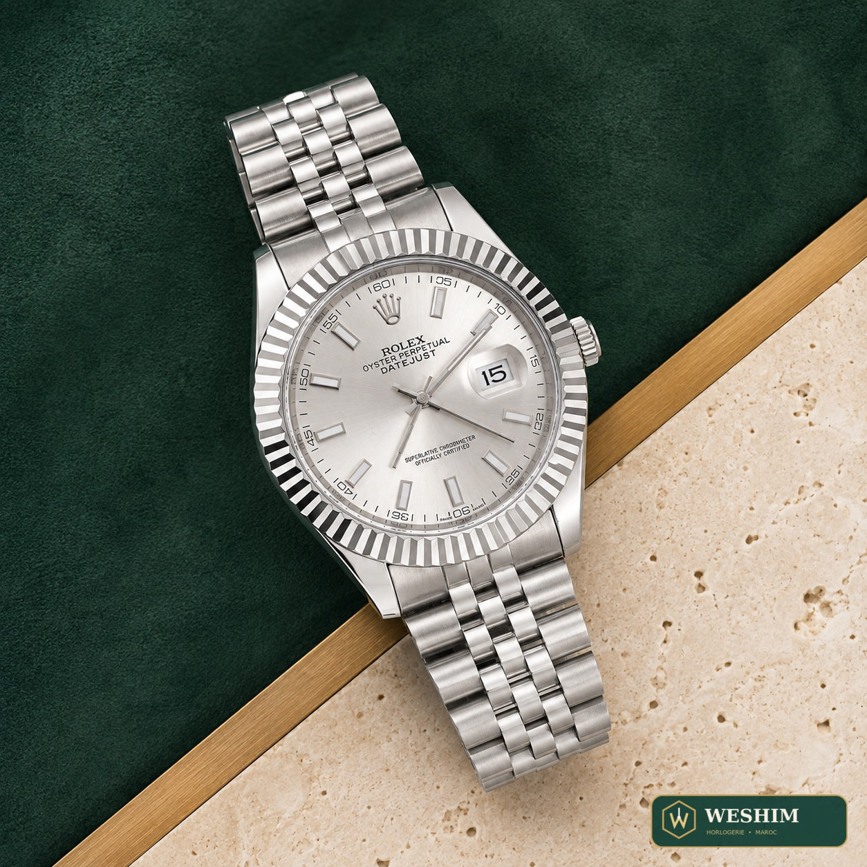 Rolex Datejust 41 – Cadran argent, lunette cannelée, bracelet Jubilee